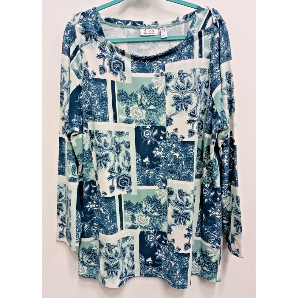 Denim & Co Cottage BOHO Tunic Top Womens Size  1X Blue Floral Soft Long‎ Sleeve